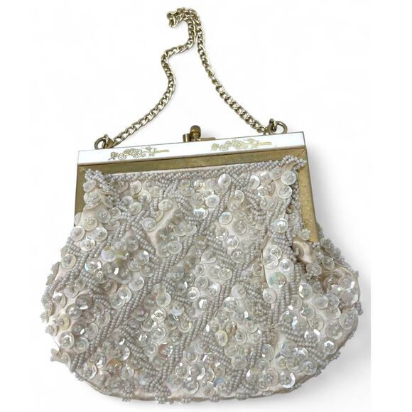 VINTAGE Bag Purse Clutch 1950s/60s  vintage seed bead sequin Evening pearl - Picture 1 of 6